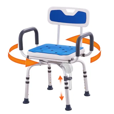 A shower chair with armrests and a backrest, shown on a white background with orange arrows indicating rotation and height adjustment.