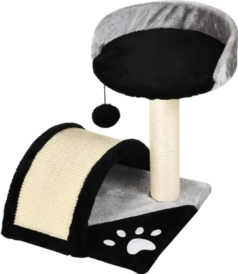 A cat tree with a scratching post, a tunnel, and a hanging toy.