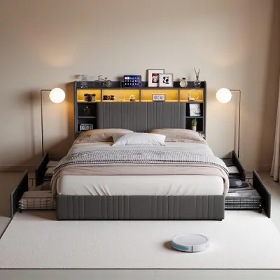 Produktbild von INONEFT Bett 160x200 mit Stauraum, Modern Polsterbett mit LED-Beleuchtung, USB Ladefunktion, Doppelbett mit 4 Schubladen, Leinen, Ohne Matratze, Grau