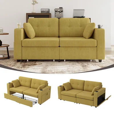 Produktbild von Moderne Polstercouch mit versteckten Fächern, 2-Sitzer Sofa mit Stauraumschubladen, USB Ladeanschluss, Getränkehalter & Seitentaschen