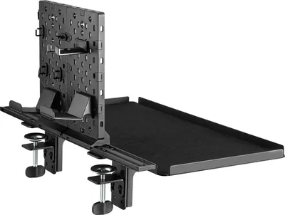 A black desk extension clamp-on shelf with a vertical pegboard-like back panel.