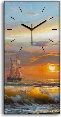 Produktbild von Wanduhr Bürouhr Leinwand Bild 30x60 Gemälde Küste Ozean Meer Sonnenuntergang - schwarze Hände