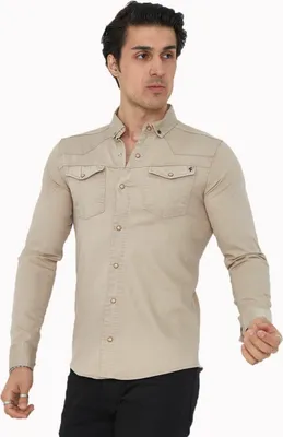 Produktbild von Premium Herren Hemd Basic Freizeithemd dickes Hemd Unifarben Langarm Slim-Fit 100% Baumwolle 3XL Beige