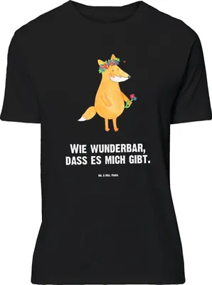 Produktbild von Mr. & Mrs. Panda Shirt Fuchs Blumen - Schwarz - Geschenk, T-Shirt mit Spruch, Selbstbewusst, Boho, Ich, Oversize, Selbstliebe, Liebe, Tshirt, in Übergröße
