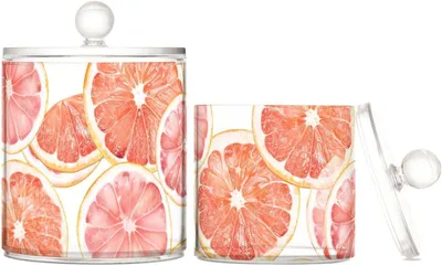 Produktbild von Pfirsichfarbene Grapefruitscheiben, transparenter Kunststoff-Aufbewahrungsbehälter mit Deckel, Büroutensilien, dekoratives Aufbewahrungsglas für Wattestäbchen, Wattepads, Zahnseide-Picker