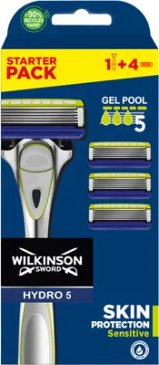 Produktbild von Wilkinson Sword - Hydro 5 Sensitive Rasierer fr Mnner, Rasiergriff + 4 Rasierklingen, Feuchtigkeitsspendende Gel-Pools und Hautschutzbgel