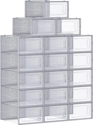 Produktbild von Famanu Schuhboxen Set, 18 transparente, faltbare und stapelbare Boxen, bis Größe 44, transparent-grau