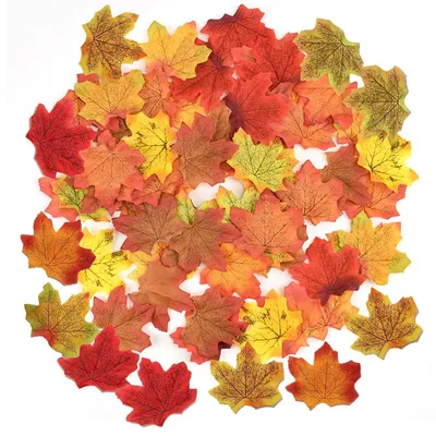 Image de 50 feuilles d'érable artificielles, feuilles d'érable artificielles pour la décoration, feuilles artificielles pour les fêtes, feuilles d'érable décoratives pour l'automne, Halloween (couleurs aléatoires)