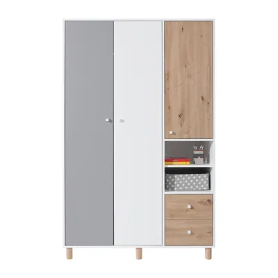 Produktbild von Drehtürenschrank FIGO, Kleiderschrank mit 3 Türen und 2 Schubladen und offene Regale, Farbe Bunt - Weiß/Eiche Artisan/Grau