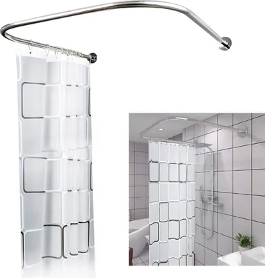 A U-shaped shower curtain rod with a white shower curtain attached, shown against a white background and in a bathroom setting.