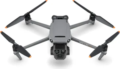 A gray DJI Mavic 3 Pro drone is shown from a front-facing, slightly elevated angle against a white background.