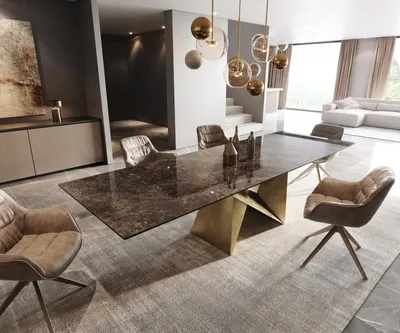 Produktbild von DELIFE Esstisch Edge 300x100 Keramik Emperador Extra Lucidato Dunkelbraun Origami Metallic Gold