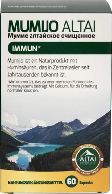 A product box for Mumijo Altai capsules, featuring a mountain landscape and product details.