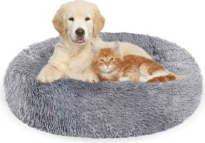 Produktbild von Eikuavons Hundebett 60 cm Hellgrau, weiches rundes Haustierbett aus Langplüsch mit hohem Rand und Antirutschboden