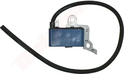 A close-up view of a blue ignition coil with a black wire attached, set against a white background.