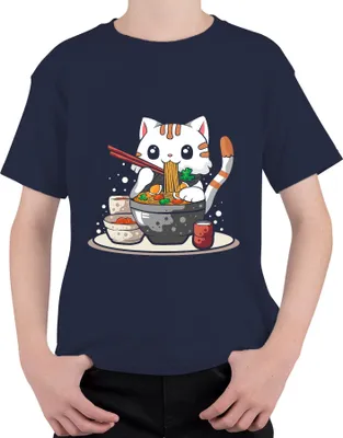 Produktbild von Kawaii Neko Katze Ramen Nudel Suppe Japan Anime Manga süß Cartoon Uni Kinder T-Shirt, Navy, 152