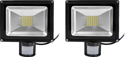 Two identical LED floodlights with motion sensors are shown against a white background.