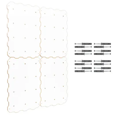 Four white climbing wall panels with pre-drilled holes and a set of screws and wall anchors are arranged on a white background.
