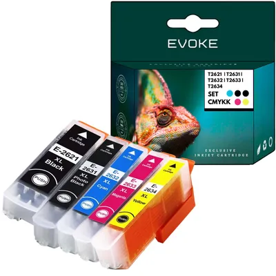 Produktbild von Evoke kompatible Tinte für Epson T2621 T2631 T2632 T2633 T2634 26XL 5x:Fotoschwarz,Schwarz,Cyan,Magenta,Gelb 48 ml Expression Premium XP-510 520 600 605 610 615 620 625 700 710 720 800 810 820