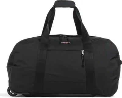 A black duffel bag with wheels is shown against a white background.