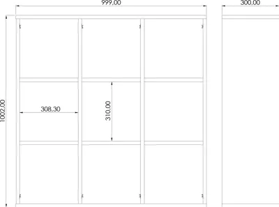 A technical drawing of a cube shelf unit with dimensions indicated.