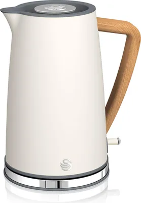 A studio shot of a white electric kettle with a wood-effect handle.