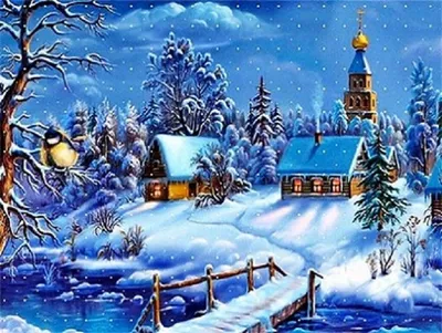 Produktbild von Diamantmosaik "Winter in einer Stadt am Fluss", 30x40 cm, kreative Diamanten