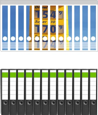 Produktbild von Wallario 12 Stück schmale Ordner inkl. Klebeetiketten mit Motive Benzinpreistafel -  Set mit Rückenschildern / Ordnerrücken Stickern