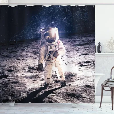 Immagine prodotto di ABAKUHAUS Tenda da doccia spaziale, chiaro di luna Astronauta Spaziale Cosmo Galassia Stelle Pianeti Motivo fotografico, 175 x 220 cm, marrone blu