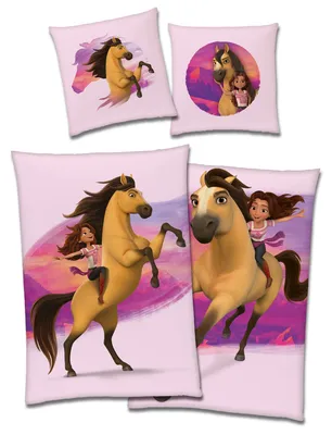 A collage of four pillowcases featuring animated characters of a horse and a girl.