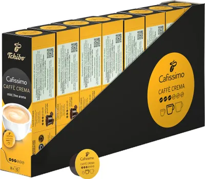 A display box filled with Tchibo Cafissimo Caffè Crema coffee capsules.