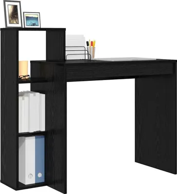 A black wooden desk with a bookshelf on the left side, against a white background.