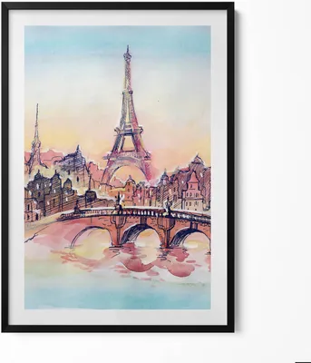 Produktbild von Gemalte Ansicht von Paris– Wandbild mit Rahmen – Gerahmtes Bild  – Wanddekoration – 70x100 cm –  Schwarz Rahmen