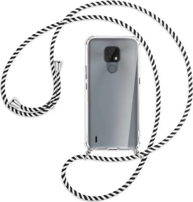 Produktbild von Handykette Backcover-Schutzhülle mit Band (Metall silberfarben) für Motorola Moto E7 - schwarz/weiß gestreift