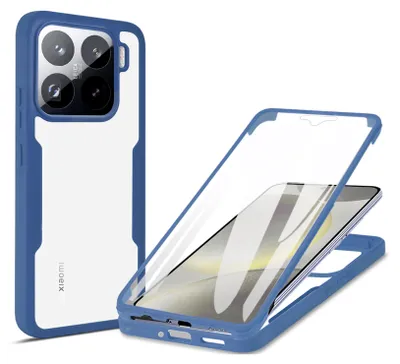 A blue and clear phone case is shown, with a phone inside the case.
