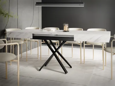 Produktbild von Couchtisch Höhenverstellbar und Ausziehbar Cavetta X in Marmoroptik Weiß - Wohnzimmertisch Esstisch Multifunktionstisch 120-200/80/27-76 cm - Marmor Weiß