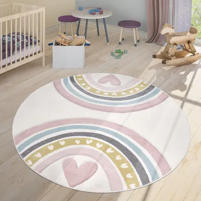 Produktbild von TT Home Kinderzimmerteppich Junge Mädchen Kinderteppich 3D Optik Herz Regenbogen Größe 200 cm Rund