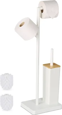 Immagine prodotto di Set da bagno Relaxdays, A x L x P: 71 x 23 x 18 cm, portarotolo da appoggio, scopino, portarotolo di ricambio, bianco/naturale