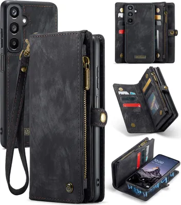 Produktbild von Schutzhülle für Samsung Galaxy A16 5G/4G, Vintage Multifunktions Lederhülle, Kartenfächer, Reißverschluss Hülle Schwarz
