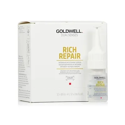 A product shot of a box of Goldwell Dualsenses Rich Repair I-Serum and one individual serum bottle.