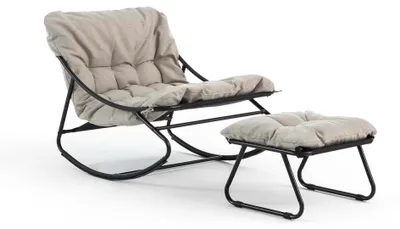 Immagine prodotto di Poltrona a dondolo con poggiapiedi in acciaio e cuscini imbottiti rimovibili per soggiorno, terrazza, veranda, relax, comfort, design moderno Adelaide - Beige