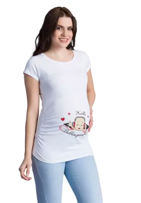 Produktbild von Umstandsshirt Kurzarm Hallo Lieblingsmensch – Umstandsmode Damen Schwangerschaft, 95 % Baumwolle, Weiß, Gr. S