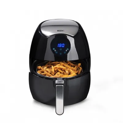 A black BEEM air fryer filled with french fries, shown on a white background.