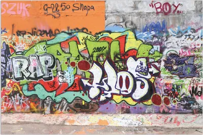 Produktbild von Wallario Wandbild RAP-Graffiti- Wand mit verschiedenen Tags, Größe: 61 x 91,5 cm, Poster mit rahmenlosen Bildhalter