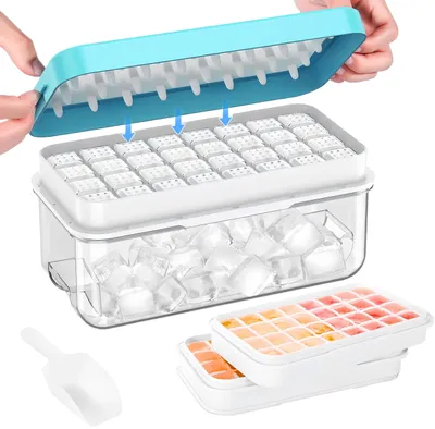 Produktbild von Eiswürfelschale mit Deckel und Behälter, 2er-Pack Eiswürfelformen mit Eisbehälter und Eisschaufel, alle Eiswürfel in einer Sekunde freigeben, BPA-frei