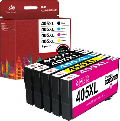 A box of Epson 405XL ink cartridges with the cartridges displayed in front of the box.