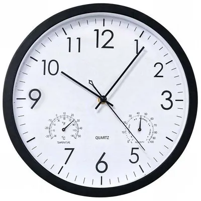 Produktbild von Runde Quarz-Uhr, 30 cm, stille Wanduhr, Kinderzimmeruhr, Thermometer und Hygrometer, schwarz, 30 cm