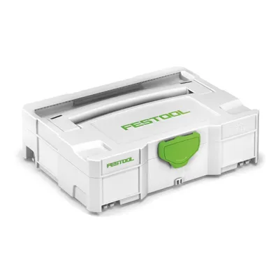 A white Festool Systainer T-LOC tool case with green accents and branding, shown from a three-quarter front angle on a white background.