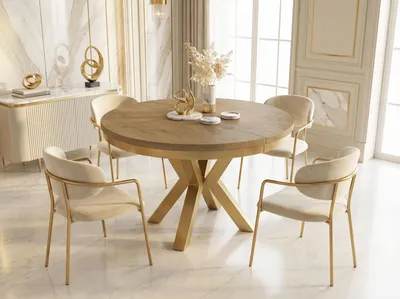 Produktbild von Runder Ausziehbarer Esstisch im Loft-Stil - Industrieller Tisch mit Goldenen Metallbeinen - Platzsparender Tisch für Wohnzimmer - Lancelot Eiche - 100 bis 180 cm