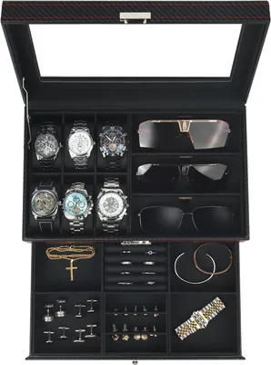 Produktbild von Uhrenbox, Uhrenkasten mit Glasdeckel, 2 Ebenen, für 6 Uhren, abschließbar, Schmuckkasten und Sonnenbrillenbox – Geschenk für Männer und Frauen